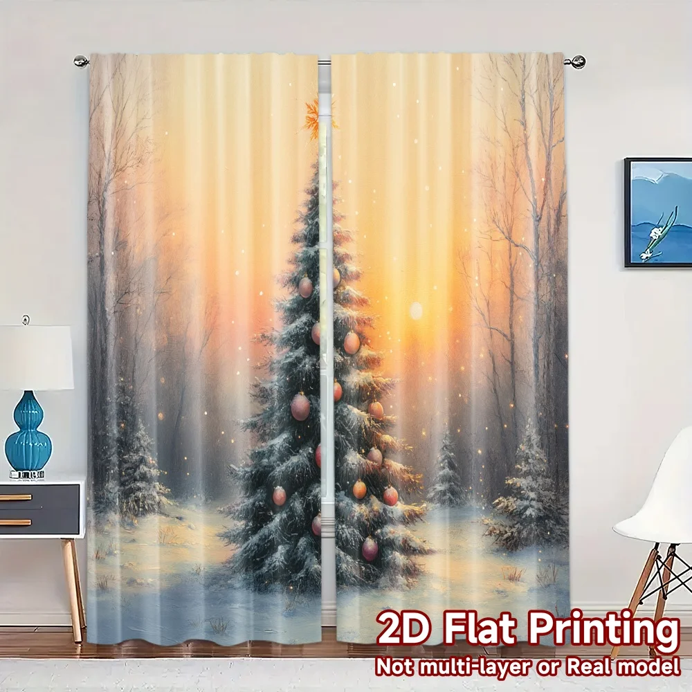 2 قطعة ، ستائر شجرة عيد الميلاد ثلج شتاء غروب الشمس (2) ستارة شعبية شعبية متعددة الاستخدامات ستائر بوليستر هدايا مثالية لـ #1