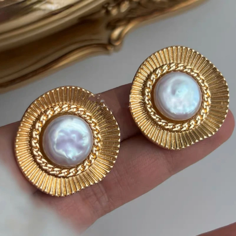 925 Silver Needle Texture Pearl Stud Earrings - Vintage Style