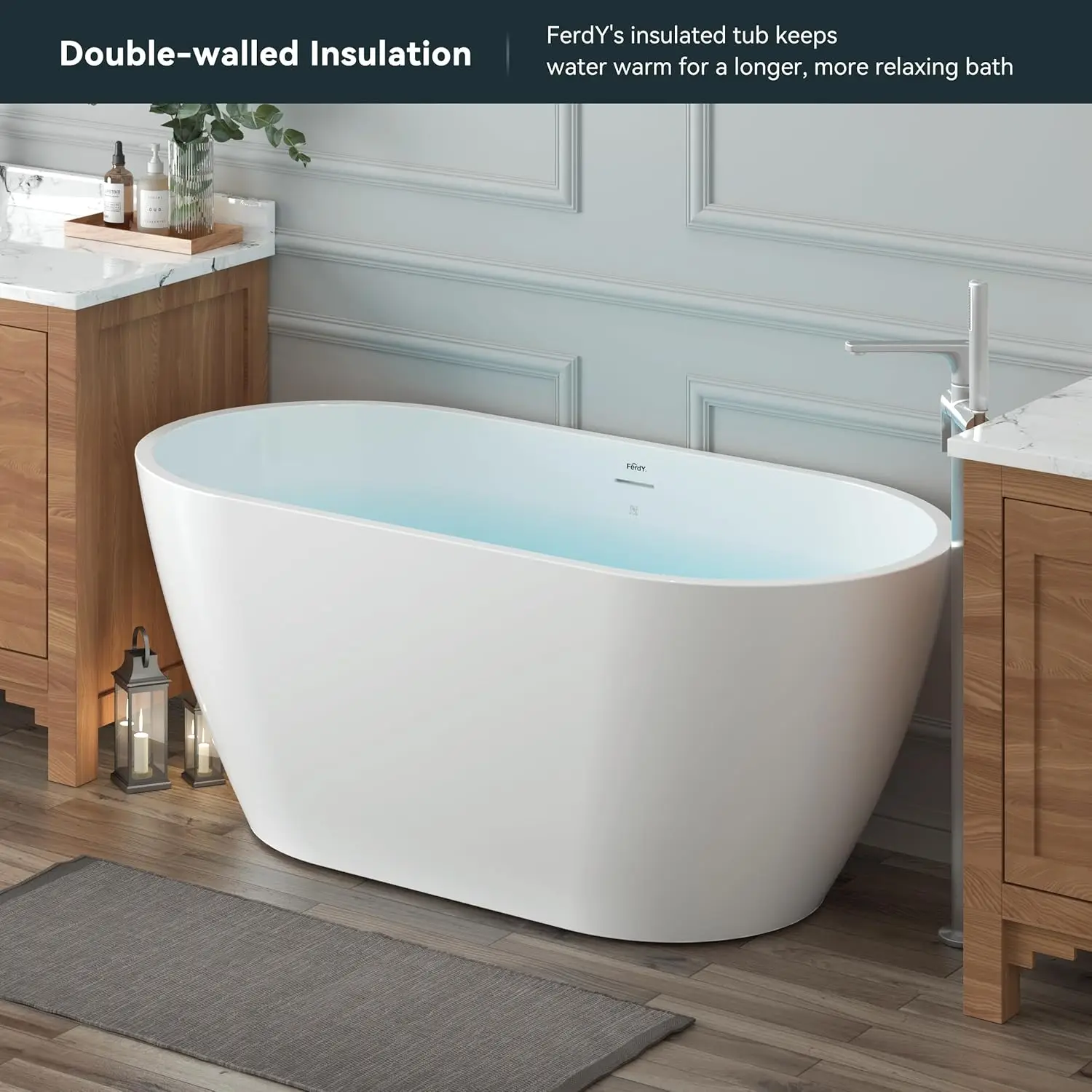 Bali Acrylic Freestanding Bathtub, Gracefully Shaped Freestanding Soaking Bathtub