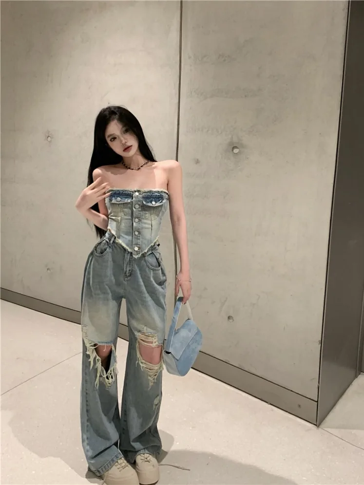 Setelan Dua Potong Atasan Crop Top Slim Fit Seksi dan Celana Jeans Distressed untuk Wanita, Bahan Poliester, Celana Panjang dengan Ritsleting