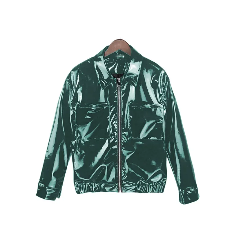 

Punk Moto male mens glossy PVC leather jacket turn-down collar zipper long sleeve coat stage show costume vinyl fetish clubwear