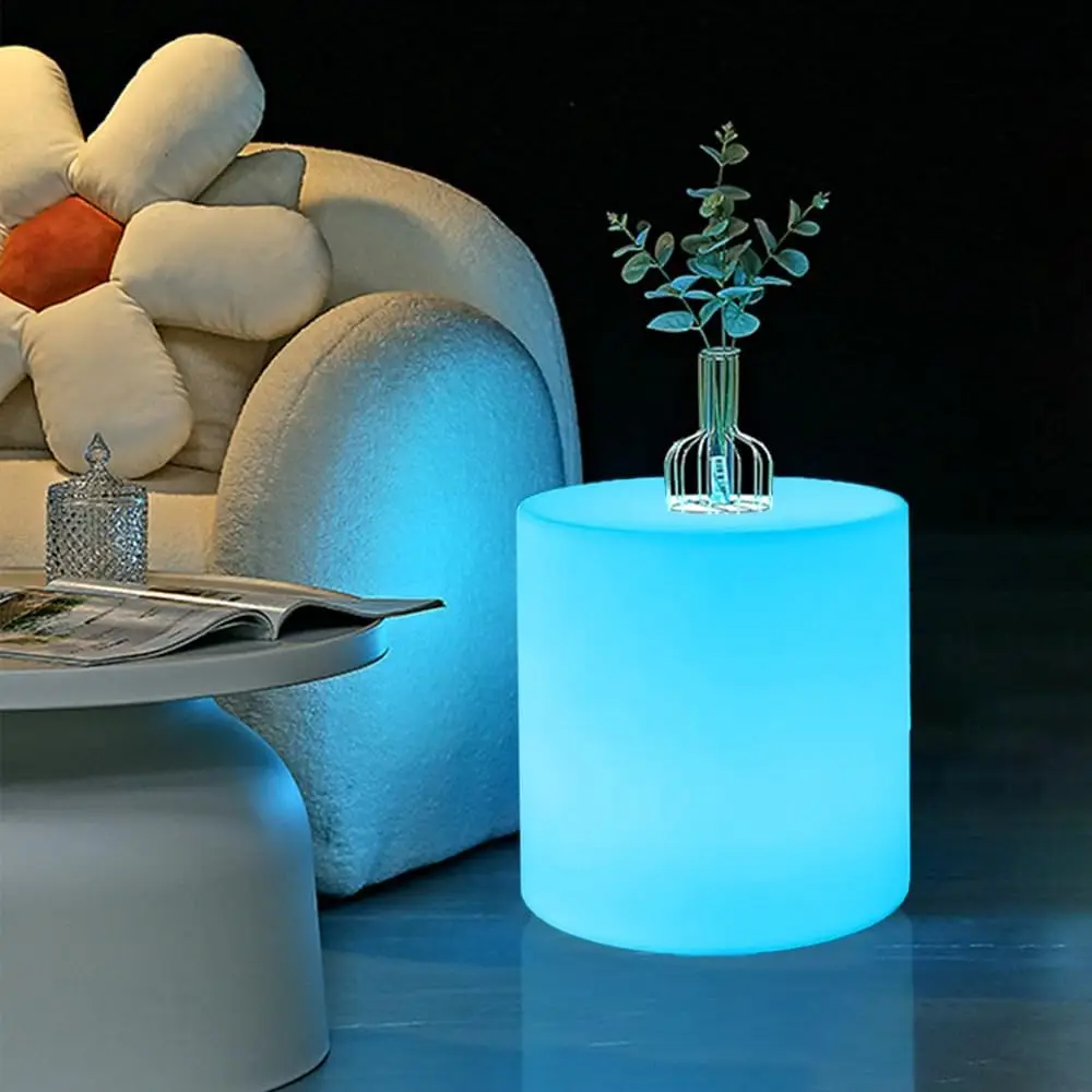 16-Inch Led Cylinder Stool, Rechargeable Led Glow Chair W/Remote, Dimmable 16 Rgb Colors Changing Versatile Led Side