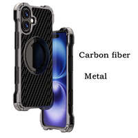Carbon fiber Metal Protection Phone Case for iPhone 16 15 14 13 Pro Max 360 Rotating Magnetic Ring Bracket Wireless Charging