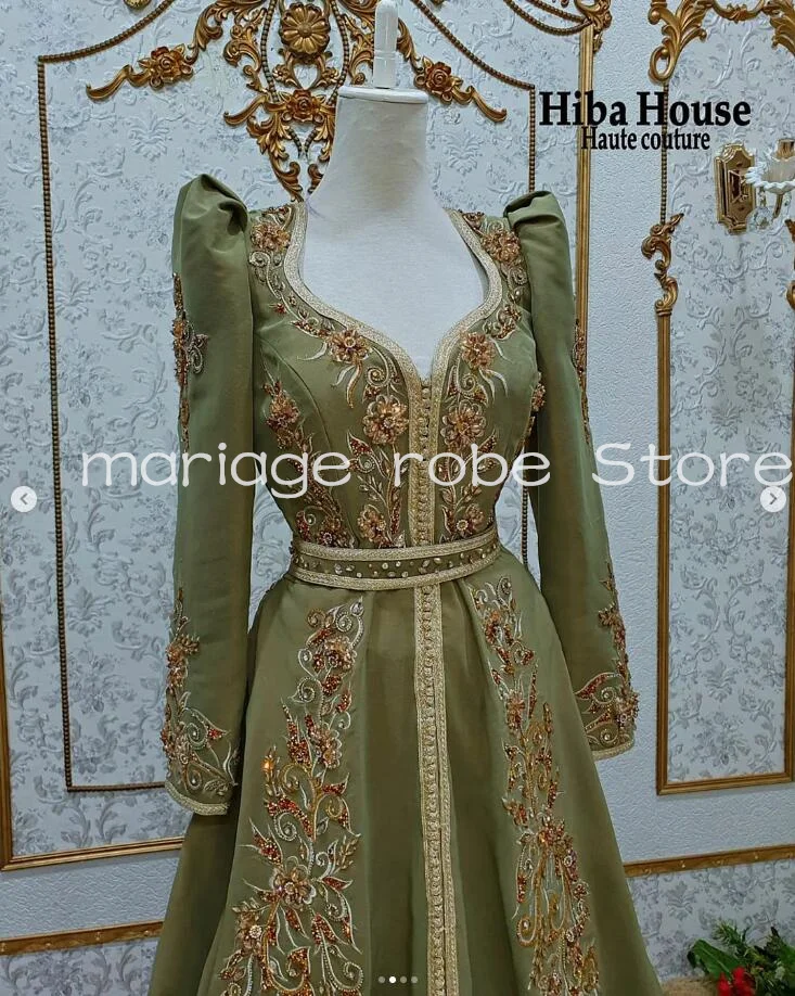 Sage Green Caftan Algerie Prom Occasion Dresses Long Sleeve Beaded Embroidery Applique Evening Gown Moroccan Kaftan robesoiree