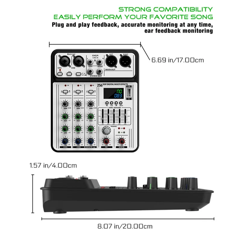 มิกเซอร์เสียง AA60-4 Channel 256DSP USB Studio Bluetooth DJ Console Mixer พกพาสำหรับดีเจคาราโอเกะ