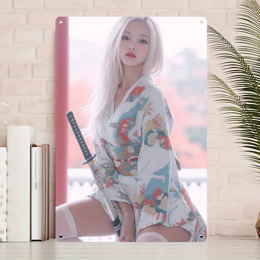 Warrior Girl Vintage Tin Sign Wall Decor Floral Kimono Sword Art for Home Bedroom Cafe Bar Pub Restaurant