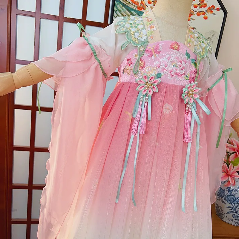 Chinese Kids Long Sleeve Dress Hanfu Lovely Girls Embroidery Dresses Traditional Folk Style Dance Perform Costumes Cosplay