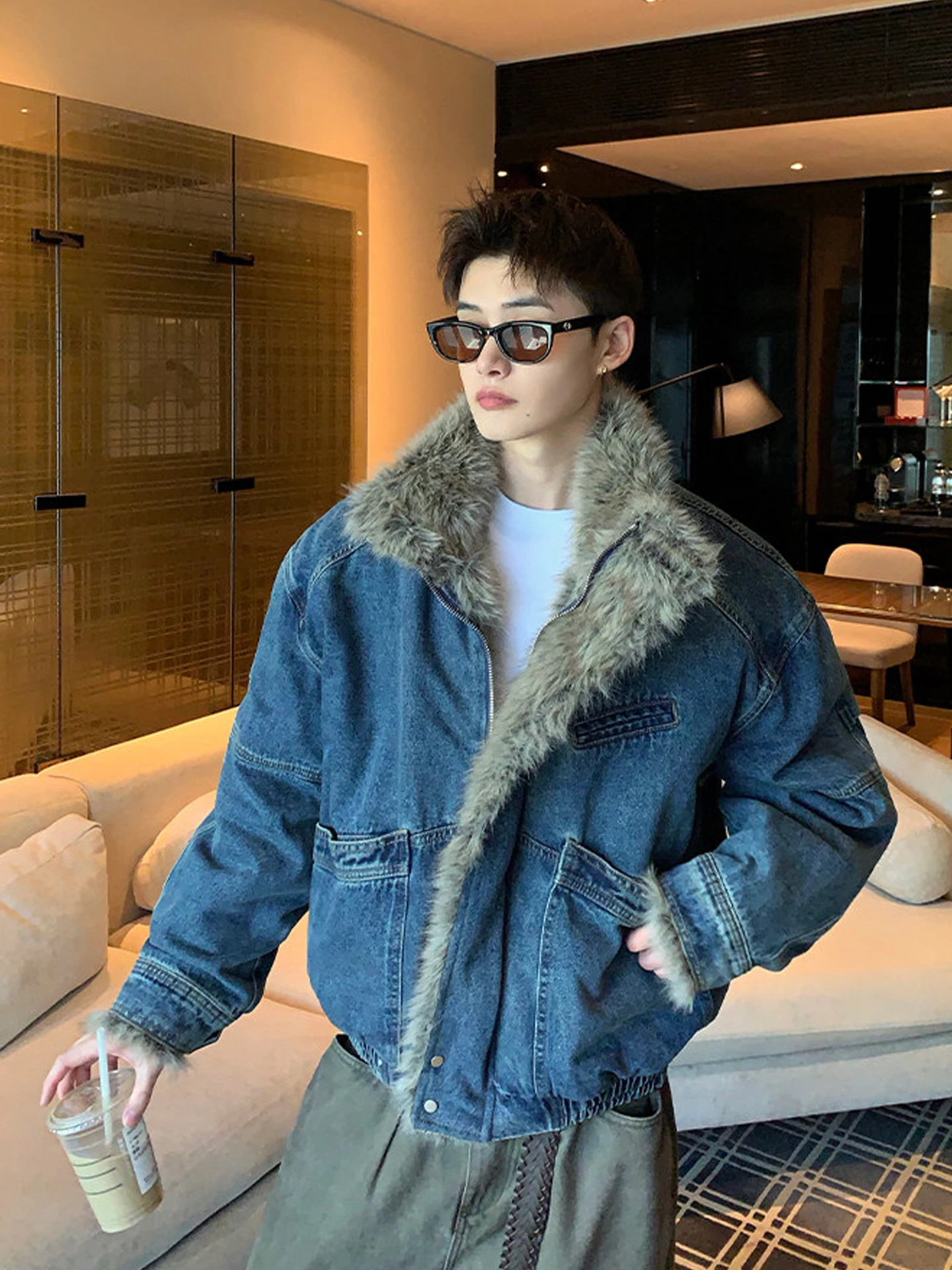 

Теплое хлопковое мужское пальто Thiened ort с меховым воротником, деконструированное джинсовое пальто с дизайном Mountain Eagle, зимнее повседневное пальто