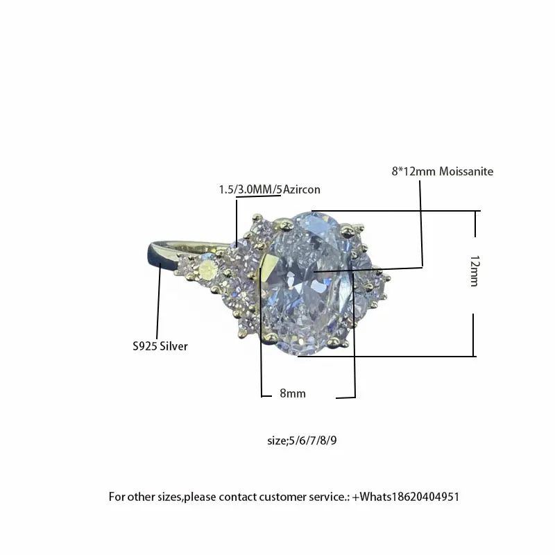 

Women's Luxury S925 Sterling Silver Plated 18K Gold Ring 8*12mm Moissanite Center Stone with 1.5/3.0MM Cubic Zirconia Accents En