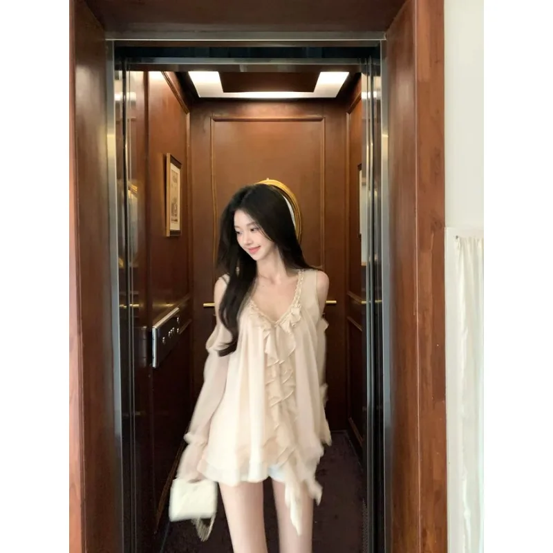 French Gentle Style Women Spring Summer Ruffle Chiffon Blouse Loose Long Sleeve Elegant Casual Top S-XXL
