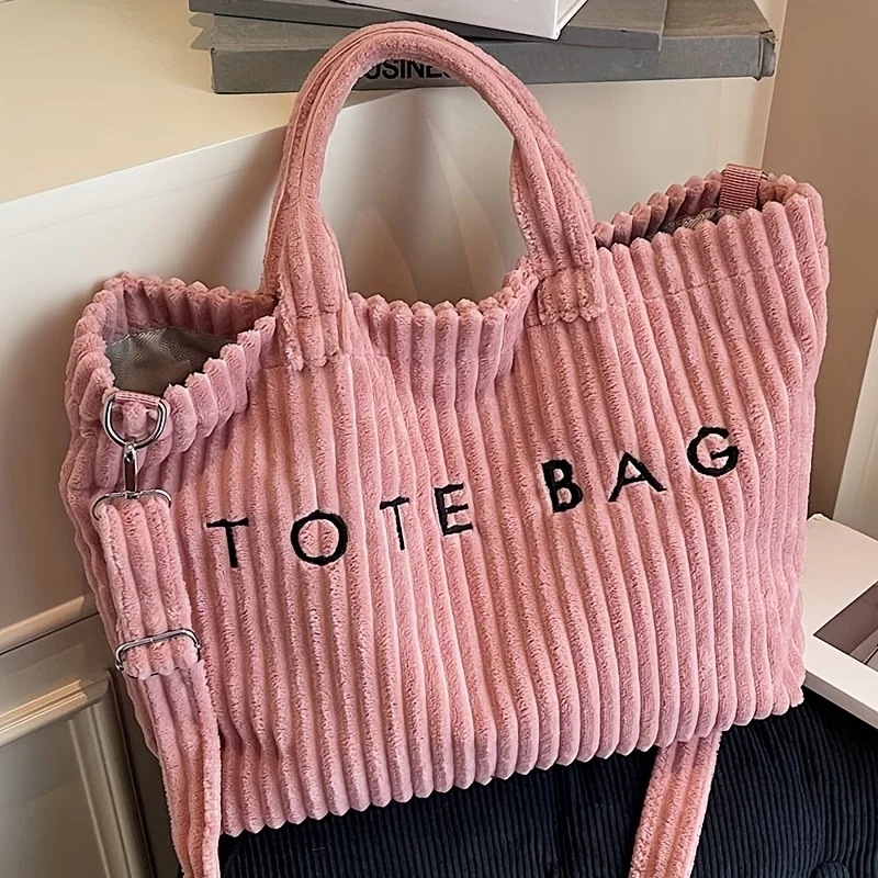 Sac fourre-tout en velours côtelé de couleur unie, grand sac à main à bandoulière avec sangle réglable. Polyvalent pour le bureau, le shopping et l'utilisation décontractée. Boutique maintenant!