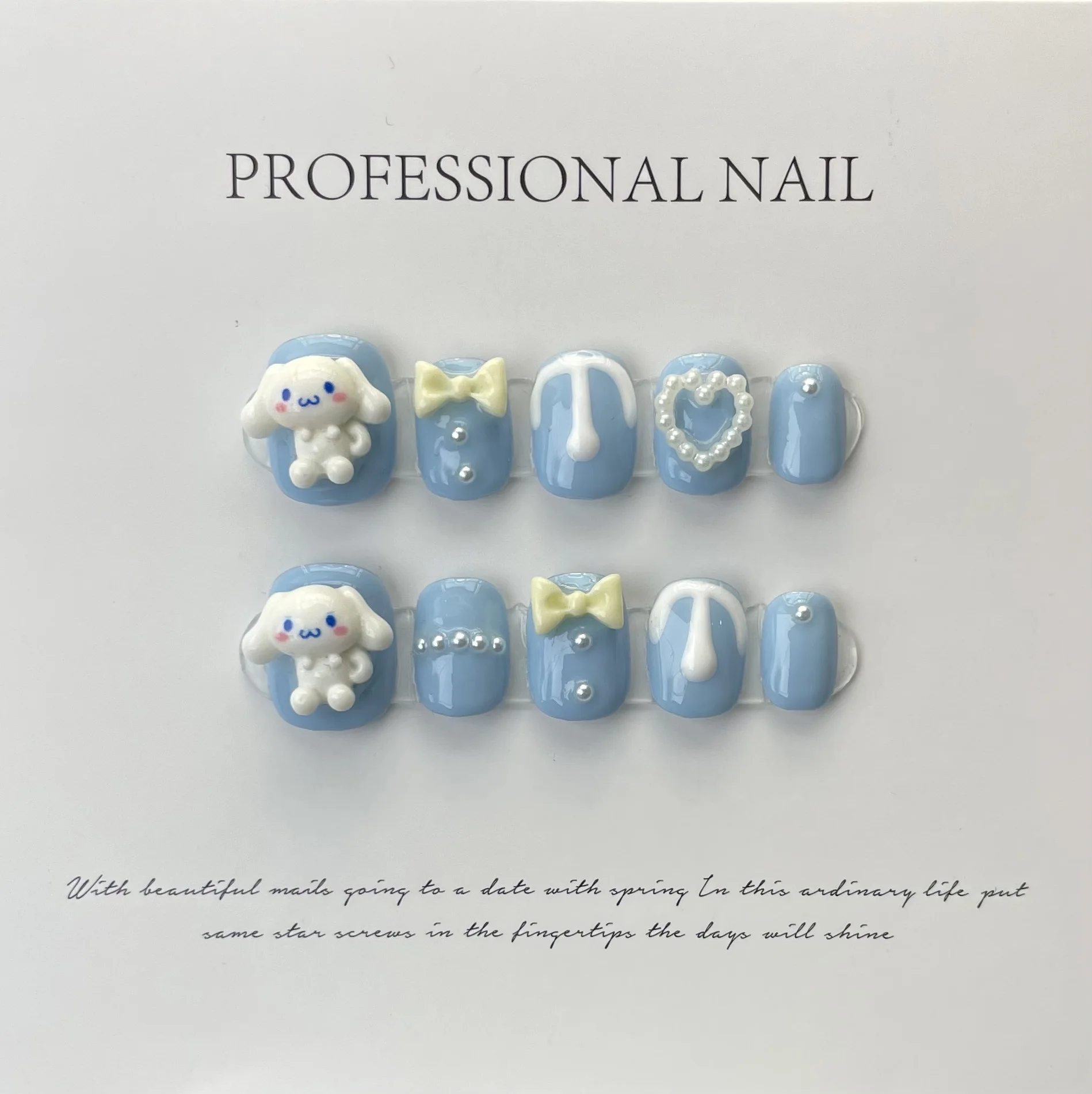 10 pcs Luxury Handmade Press on Nails Short Circle Cinnamoroll Design False Nails with 4-PIECE Tool Adhesive Nail Glue Tabs