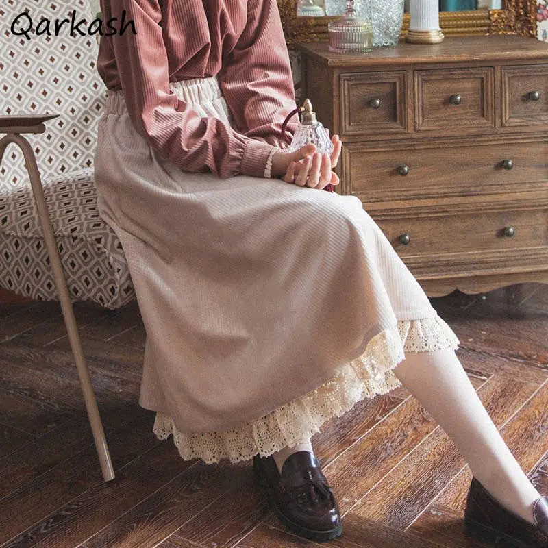 

Corduroy Skirts Women Winter Lace Gentle Loose Vintage Elegant Students Solid Literary Design A-line Midi Sweet Faldas All-match