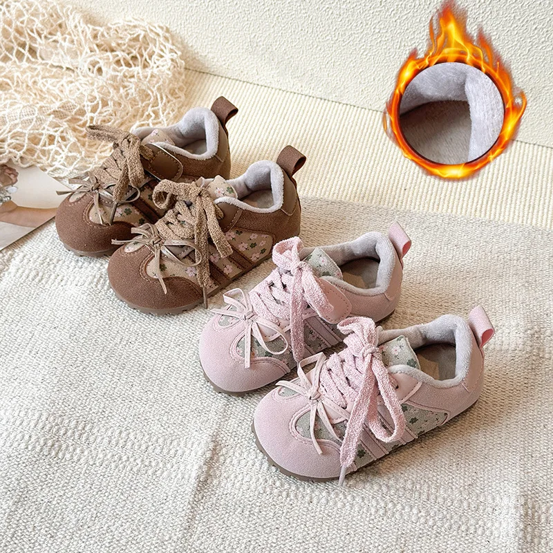 

Winter Childrens Sneakers Girls Bow Warm Casual Shoes Retro Leisure Sports Shoes Kids Toddler Non-Slip Comfortable Cotton Shoes