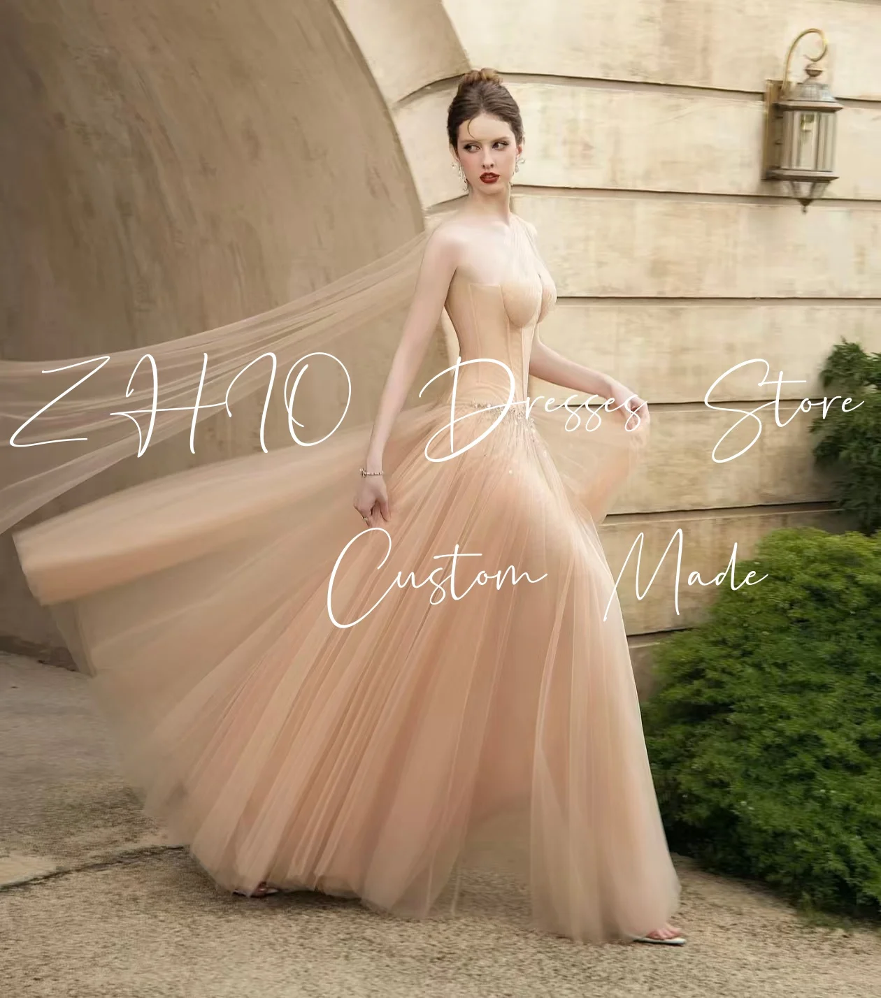 ZHIO 우아한 샴페인 튤 비즈 이브닝 드레스 원 숄더 롱 자켓 A라인 특별한 날 웨딩 파티 프롬 가운 맞춤 제작