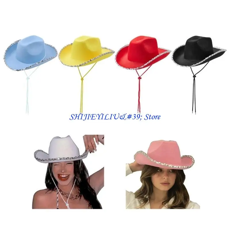 E21F Sequins Brim Cowboy Hat for Women Wide Brim Cowgirl Hat Wedding Party Props Bachelorette Party Western Hat for Bridal
