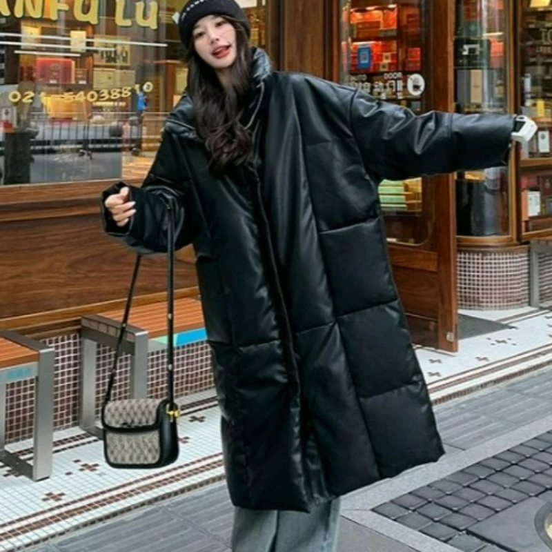 2026 Autumn Winter New Fashionable Thickened High-end Medium Length Jacket No Wash PU Leather Down Cotton Coat Women Long Style