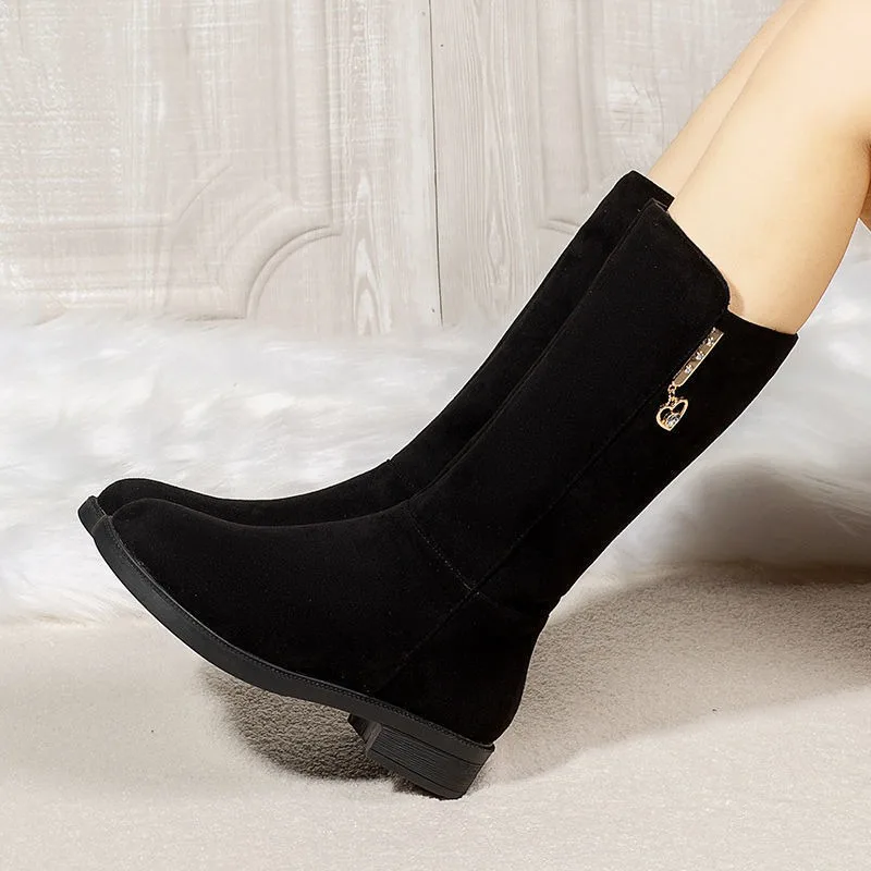 Cow Suede Mid-Calf Modern Boots 2023 New Square Heel Women\'s Shoes Winter Adult Round Toe Metal Decoration Women\'s Boots