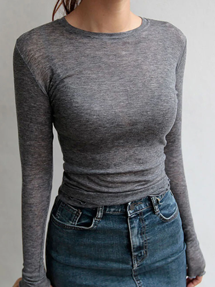 Szczupła wysokiej jakości zwykły T Shirt kobiety bawełna elastyczny, w stylu Basic t-shirty damskie na co dzień topy z długim rękawem Sexy cienki T-shirt przepuszczalność