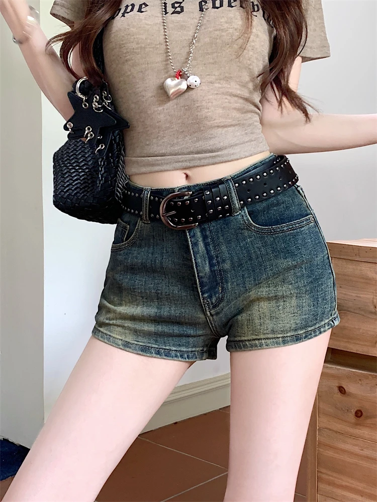 

Retro American Washed Denim Shorts Women Summer Elegant Slimming Sexy Spicy Girl Jeans Low Waist Zipper Casual Style Pure Color
