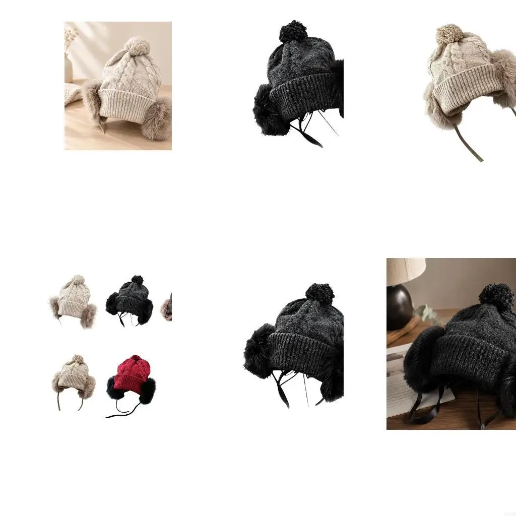 Top-Accent Trapper Hat with Ear Panels Lowered or Folded Up, Cable Texture and Ribbed for Cold Weather Wear Y08E