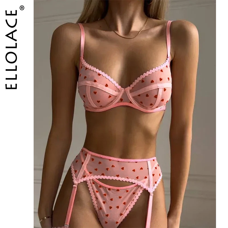 

Ellolace Romantic Lingerie Sexy Women Coquette Heart Flock Print Bra Belt Thong 3PC with Leg Circles Pink Cute Girls' Underwear