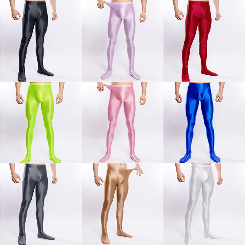 

Men Leggings Pants Glossy Silk Sissy Sheer High Waist Bodystocking Stocking See Through Exotic Pants Elastic Slip Homme Trousers