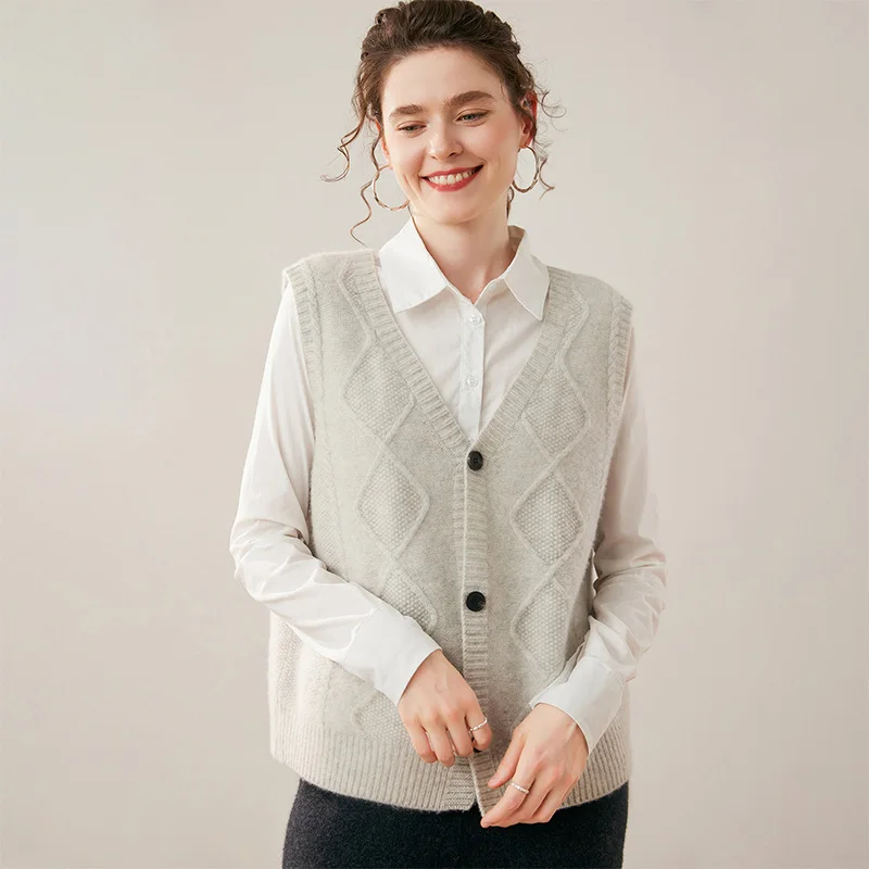 

100% Cashmere V-neck Cardigan Vest Sweater Autumn Winter Women's Soild Versatile Button Sleeveless Kint Waistcoat Office Lady