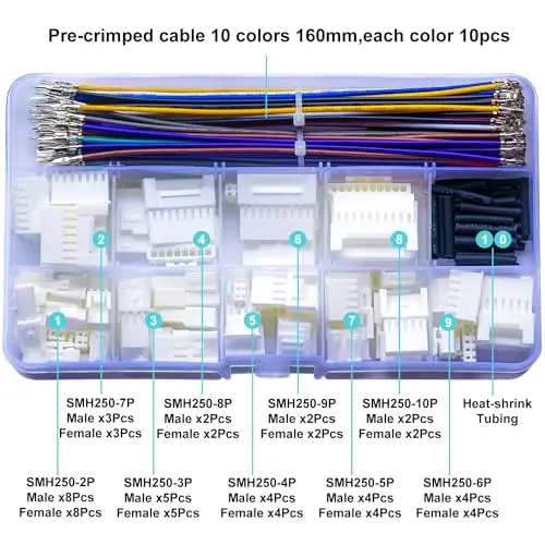 SMH250 2.5 Male Female Connectors Yeonho Smh250 2.5mm Pitch Connector Kit,SMH250-2.5 2/3/4/5/6/7/8/9/10Ping(YO-SMH250-MF)