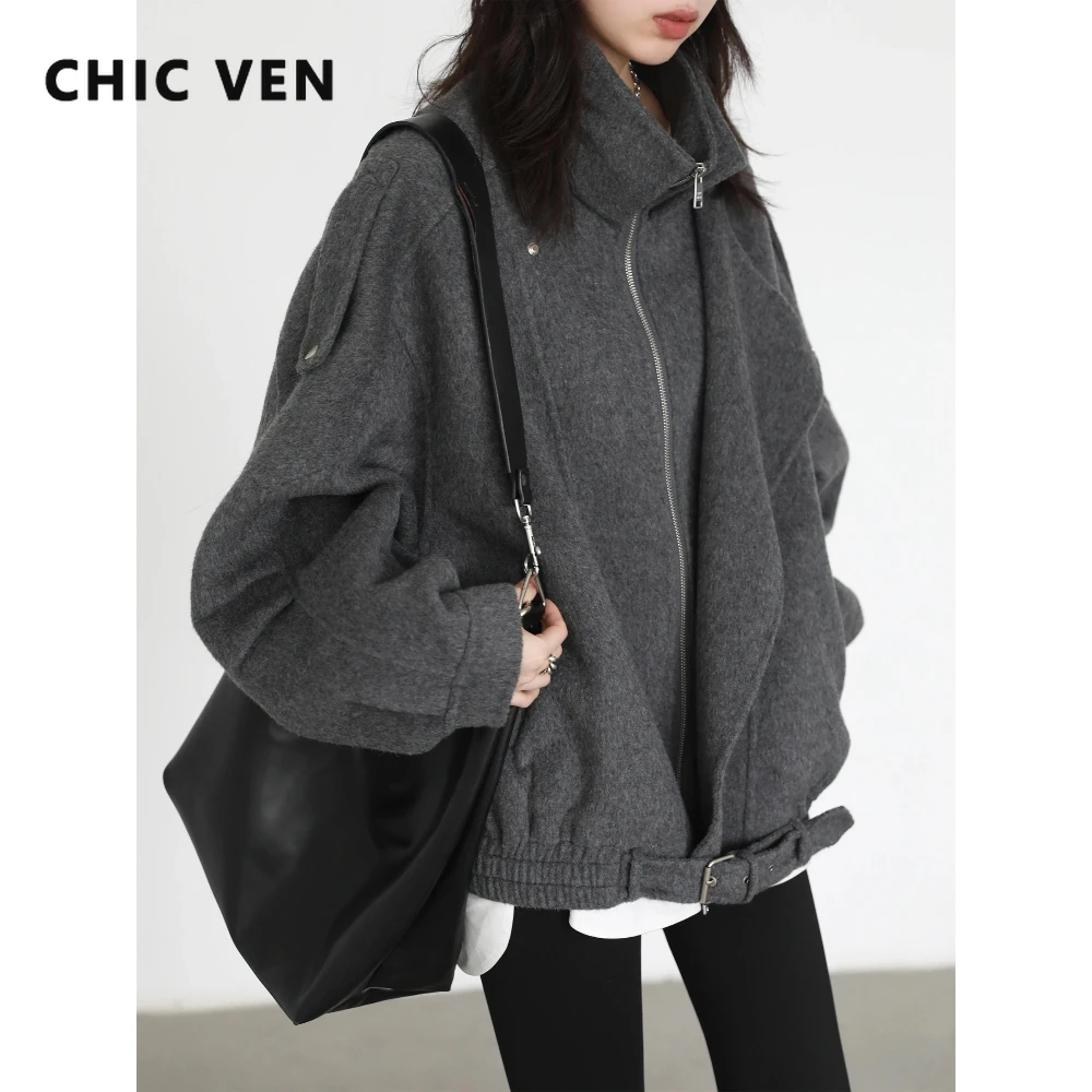 CHIC VEN Korean Women Woolen Coat Solid Loose Casual Stand Collar Motorcycle Jacket for Woman Female Outwear Autumn Winter 2026