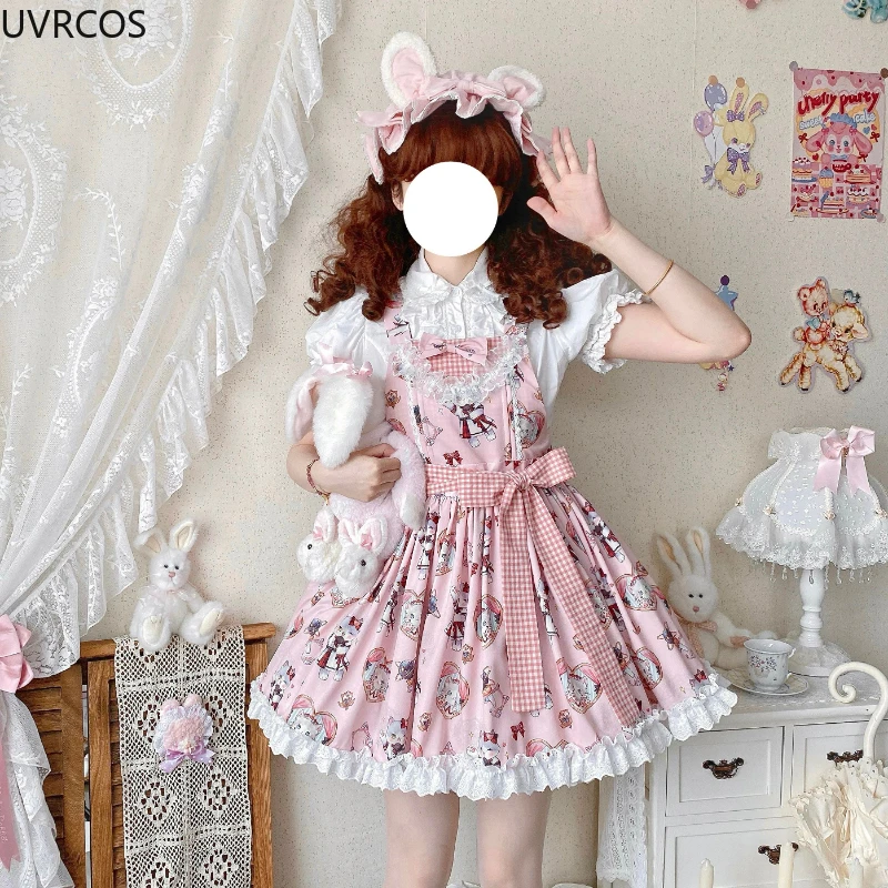 Japanese Kawaii Lolita Style Bow Princess Dress Women Cute Cat Print Lace Ruffle Party Mini Dresses Girly Gothic Y2k Strap Dress