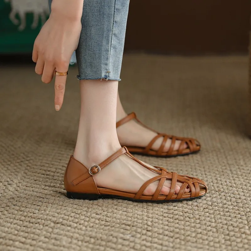 Low Sandals Woman Leather 2024 Summer Nubuck Shoes Closed Toe Espadrilles Platform Suit Female Beige Breathable Low-heeled Comfo