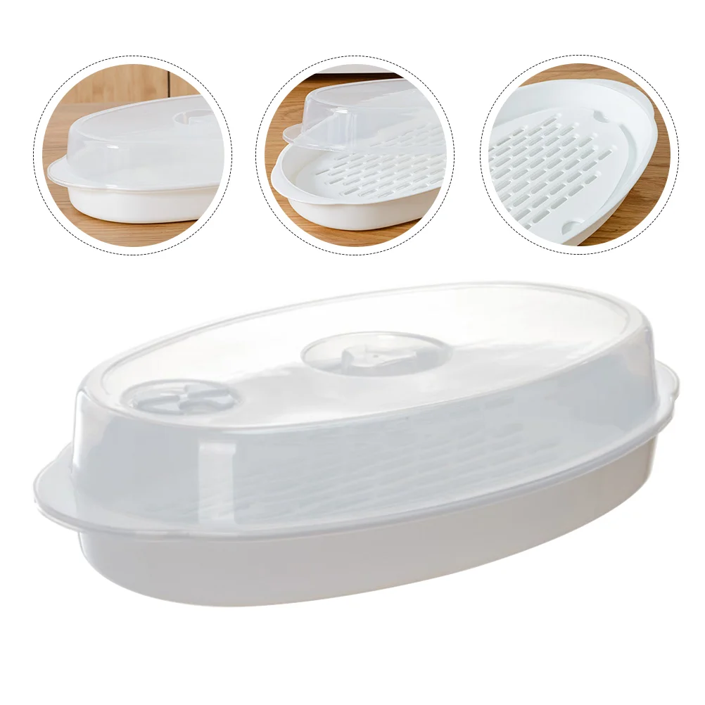 

Steamer Pot Large Steamed Fish Plate Microwave Oven Dishes Home Supplies with Lid White