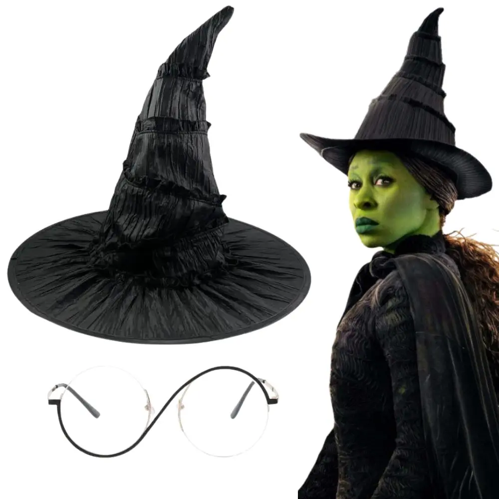 Wicked Elphaba Cosplay Hat Glasses Eyewear Fantasia Costume Disguise for Women Roleplay Halloween Carnival Accessories Props