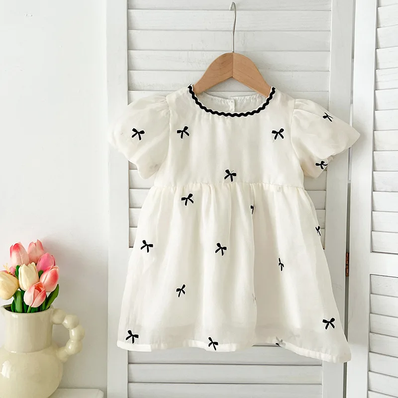 Summer Sisters Outfits Girl Infant Bow Puff Sleeve Bobydsuit Newborn Baby Mesh Cotton 1-6Yrs Party Princess Dress Kids Clothes