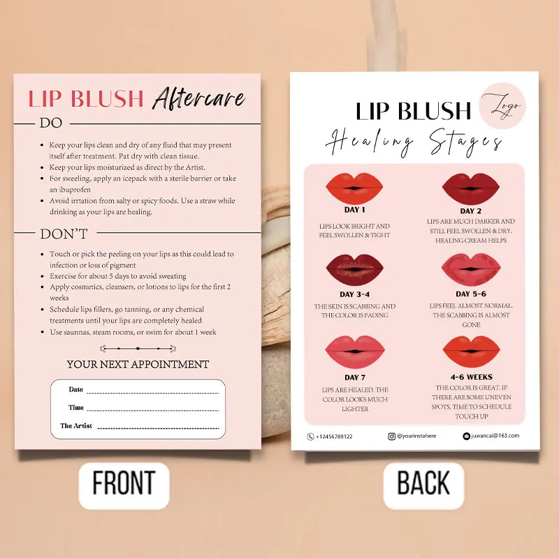 Tarjeta PMU de cuidado posterior, instrucciones, rubor labial, proceso de curación de tatuajes, tarjeta de cuidado de negocios de belleza pequeña,