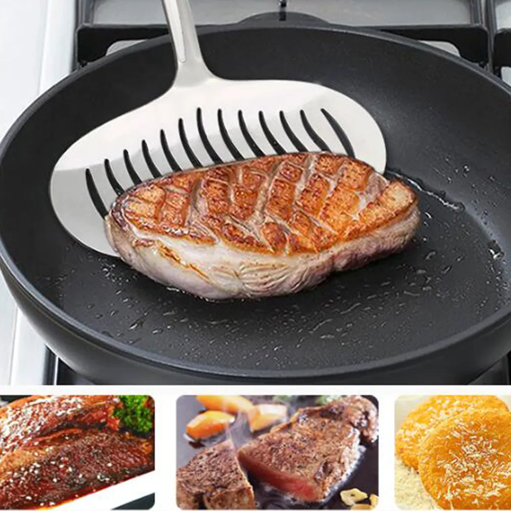 

Уширенная гибкая лопатка из нержавеющей стали с прорезями, идеально подходит для филе рыбы, стейков, морепродуктов, пирожных, яиц, для приготовления пищи