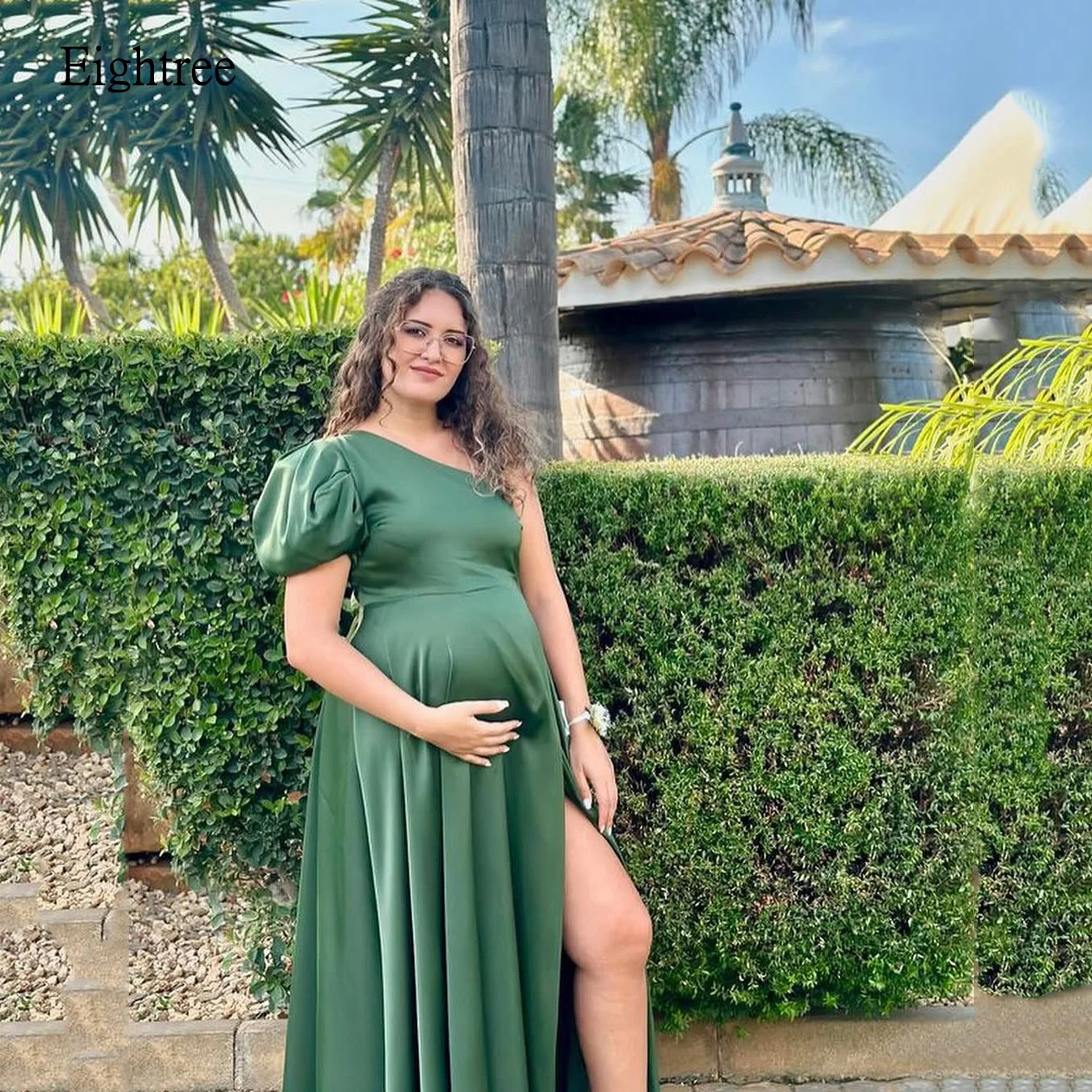 

Eightree Simple Green A-line Prom Gowns One Shoulder Pregnant women's dress Stain Evening Dress vestidos de fiesta Customized