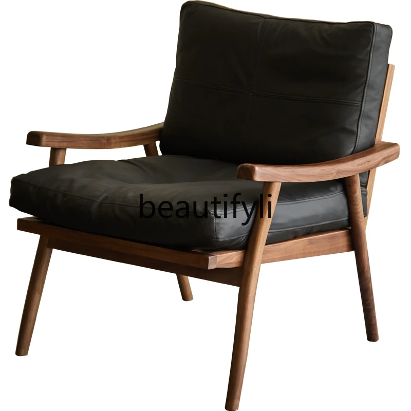 

North American black walnut leather sofa chair Nordic style solid wood single leisure chair lazy balcony armchair