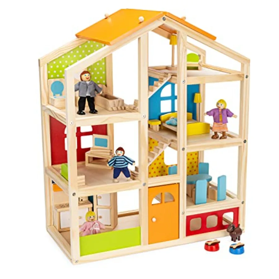 

Wooden Dollhouse - Includes 20 Pcs Furniture Accessories, 5 Family Dolls and a Pet Dog - Wood Doll House for 3 4-5 Year Old Girl