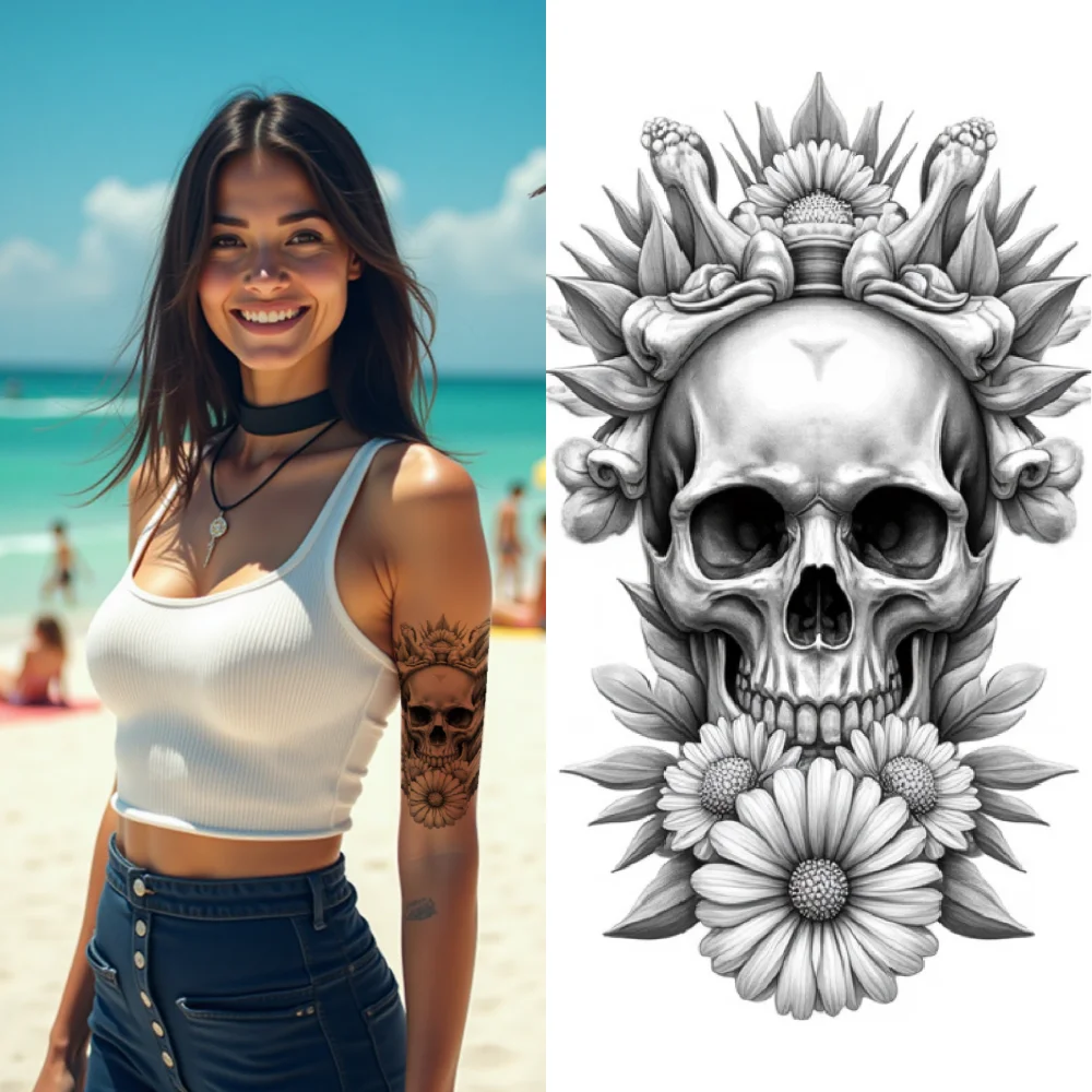 

3pcs Temporary Tattoo Waterproof Long-lasting Body Stickers Grim Reaper With Sunflowers Skull With Corn Cityscape With Clock For