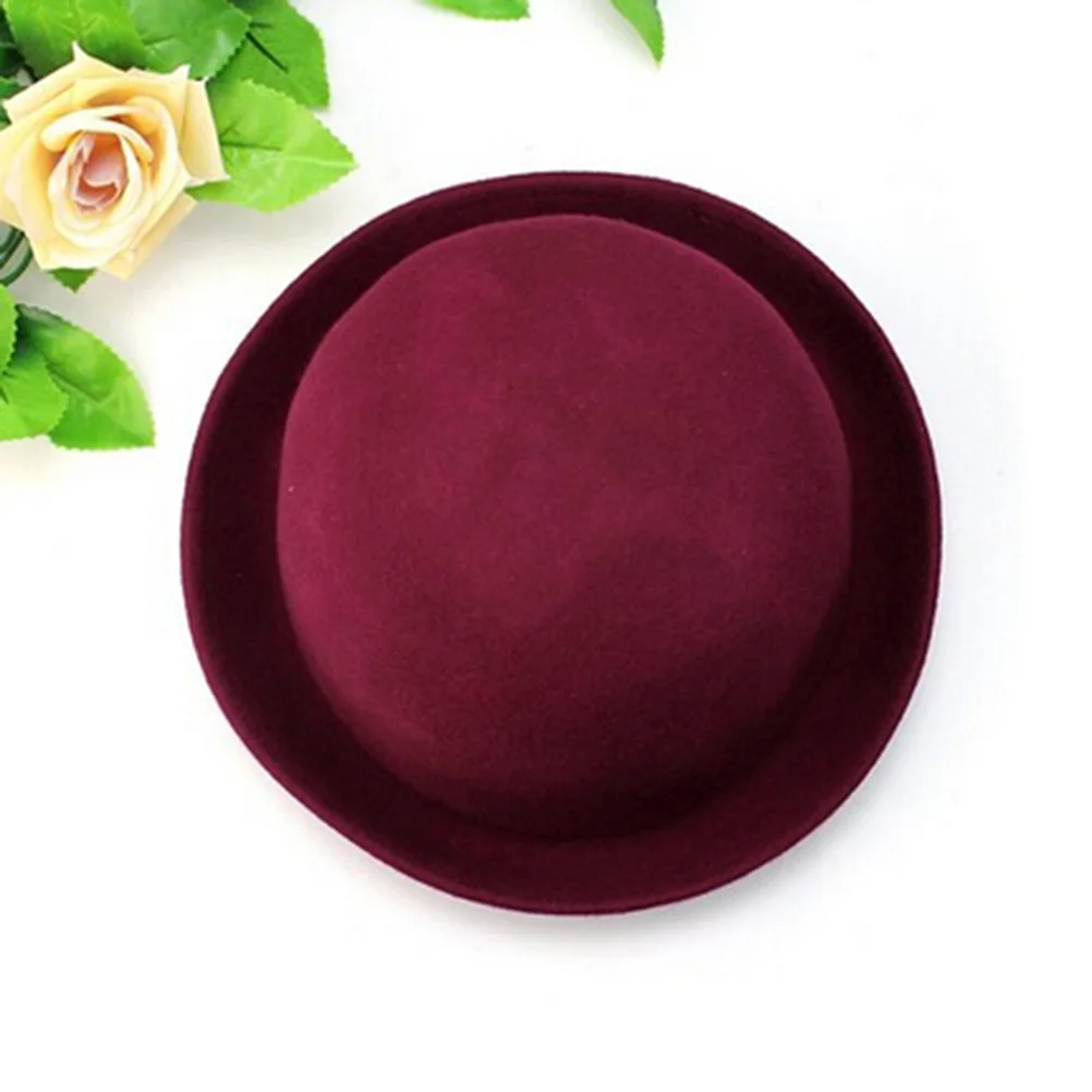

Woolen Dome Hat Women Wine Red Roll Up Brim Soft Breathable Lady Bowler Winter Autumn Spring Party Hats Festival Wear