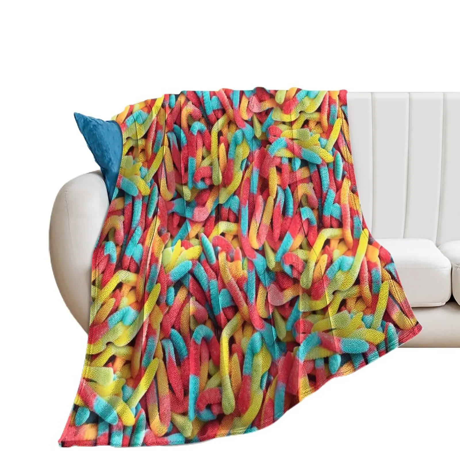 Neon Sour Gummy Worm Pattern Throw Blanket Soft Beds Kid'S funny gift Blankets