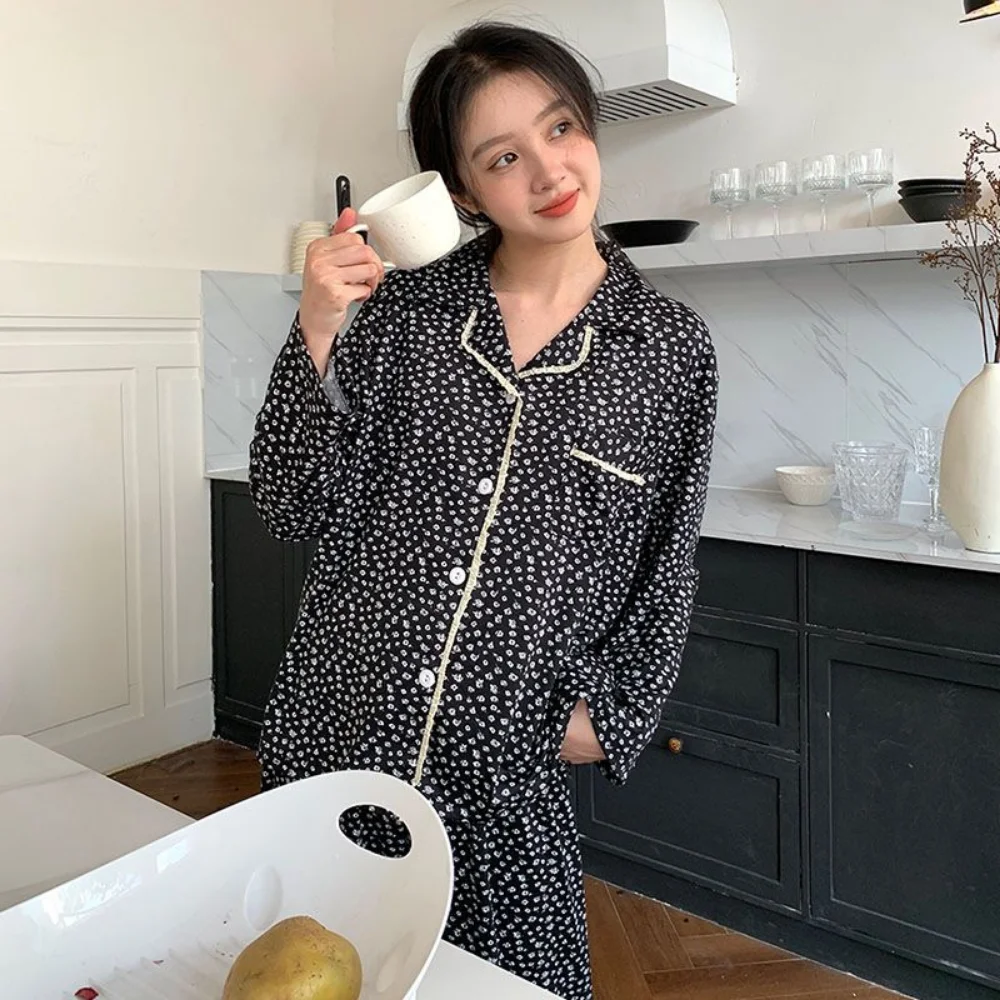 

Pajama Sets Women Harajuku Black Print Autumn Stylish Sleepwear Hot Sale Lounge Chic Student Elegant Full Length Basic Simple