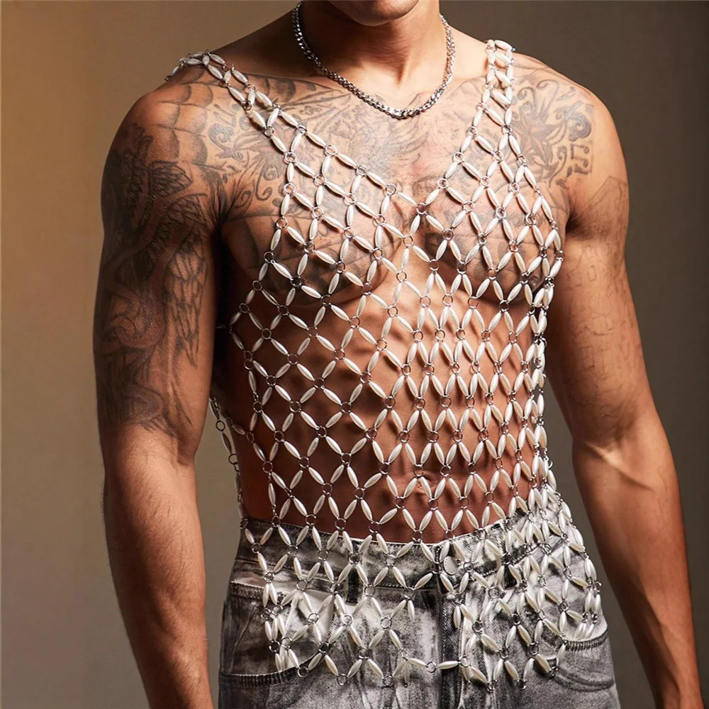 

Новый мужской жилет с жемчугом, сексуальный топ с перекрестной спинкой, музыкальная одежда для выступлений, сценические костюмы и клубная одежда
