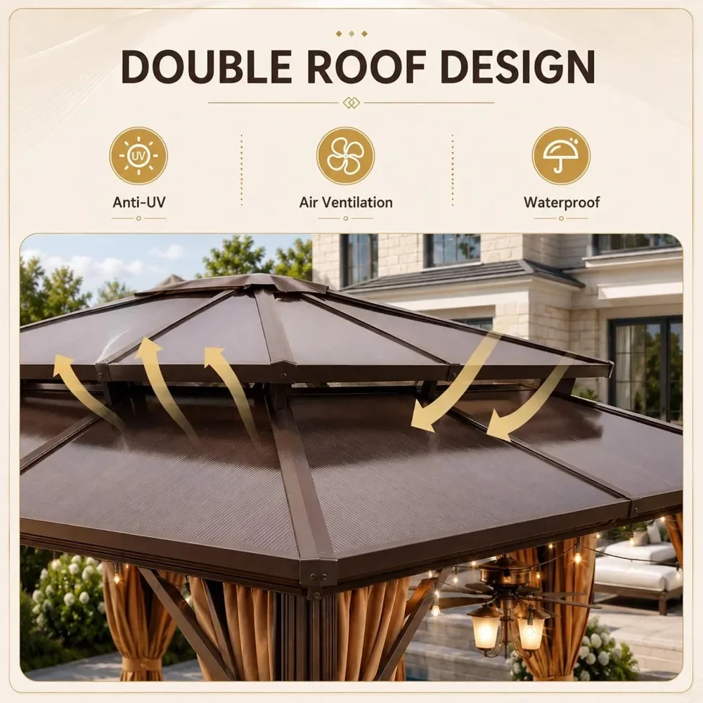 Factory Direct 12'x16 'Outdoor Gazebo, Double Polycarbonate Roof Brown | Hardtop Metal Gazebo