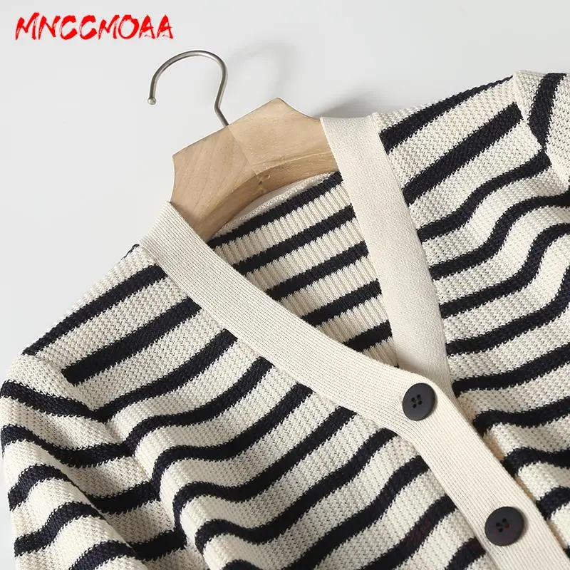 MNCCMOAA 2024 New Spring Summer Short Sleeve Knitted Dress Female Casual V Neck Single Breasted Striped Dresses