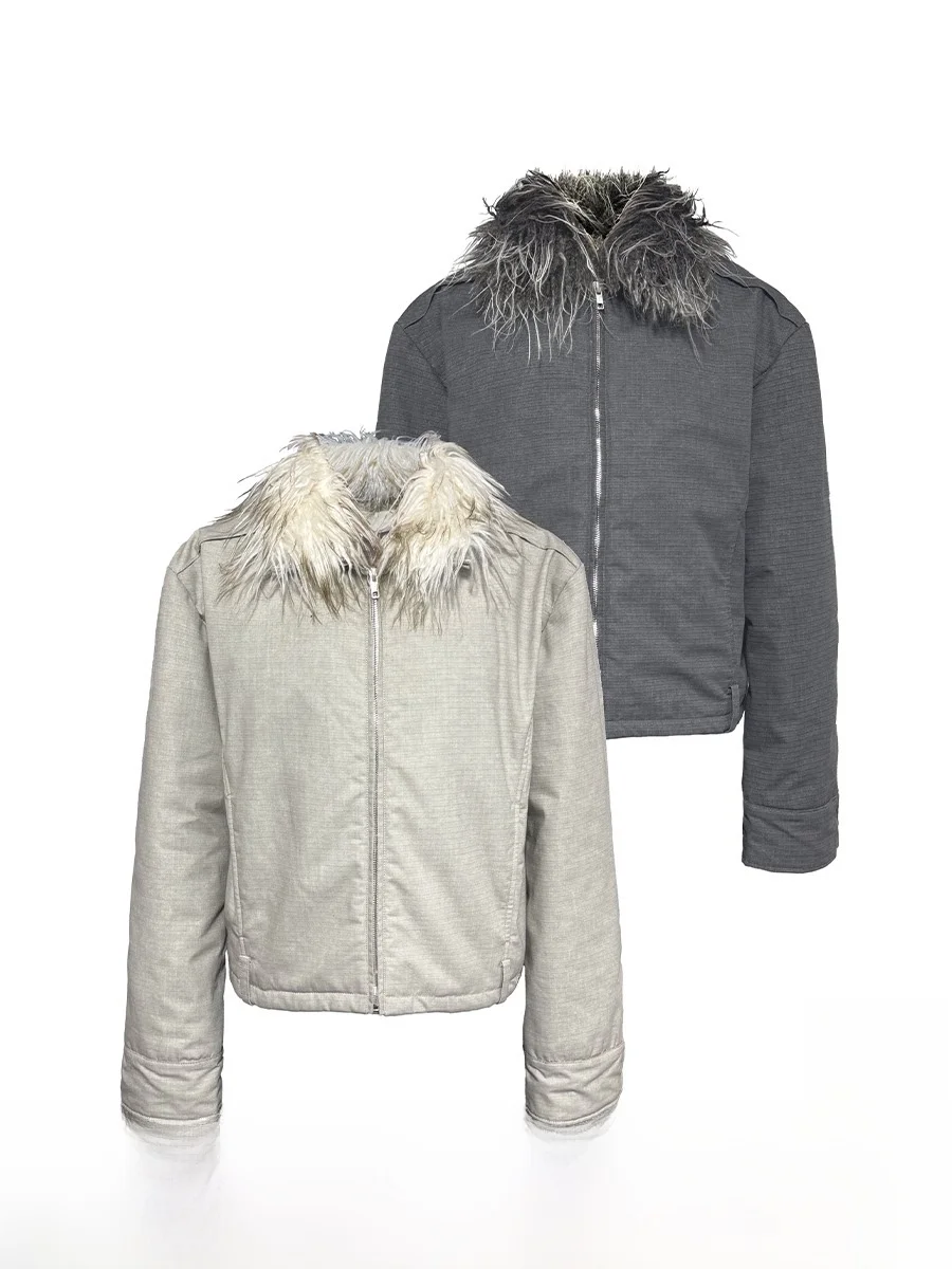 JCAESAR Detachable Washable Faux Fur Collar Waist Strap Jacket Grid Texture Two-Tone Youthful Standard Fit Polyester Cotton B...