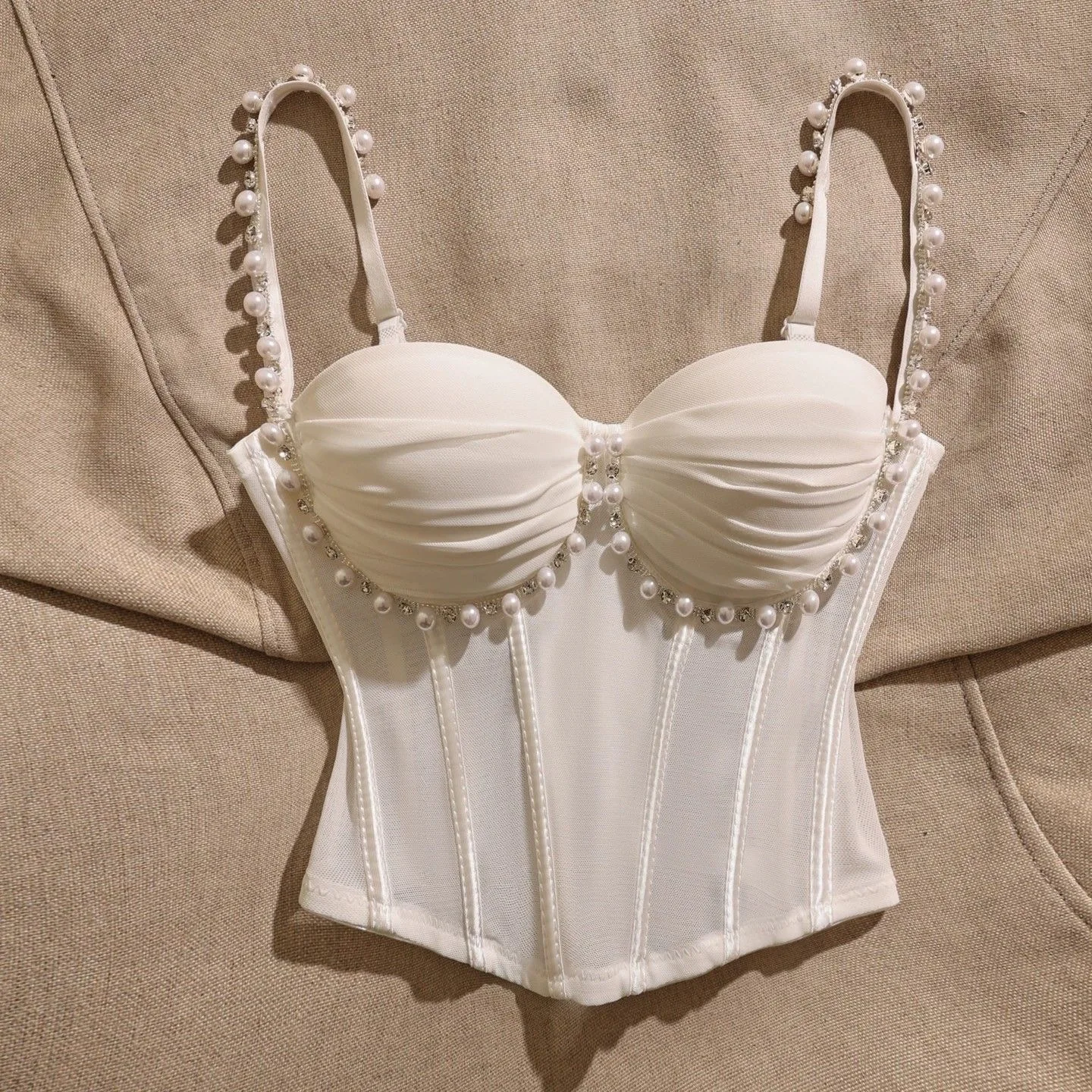 Beadings Pleated Mesh Sexy Lady Corset Irregular Design Shell Shape Sweet Bustier Elegant Camiso Party Events Women Crop Top