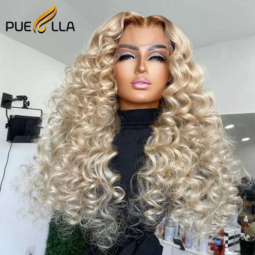 Ombre Ash Blonde Deep Curly Human Hair 13X6 Lace Front Wig Transparent Honey Blonde 613 Colored Frontal Wigs For Black Women